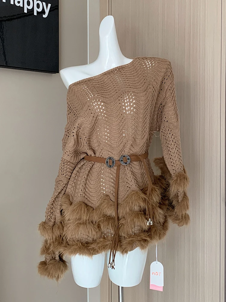 

Women Sweater Knit Autumn Plush Patchwork Tassel Long-sleeved Knitted High-end Loose Mid-length Hot Girl Female Top SW024