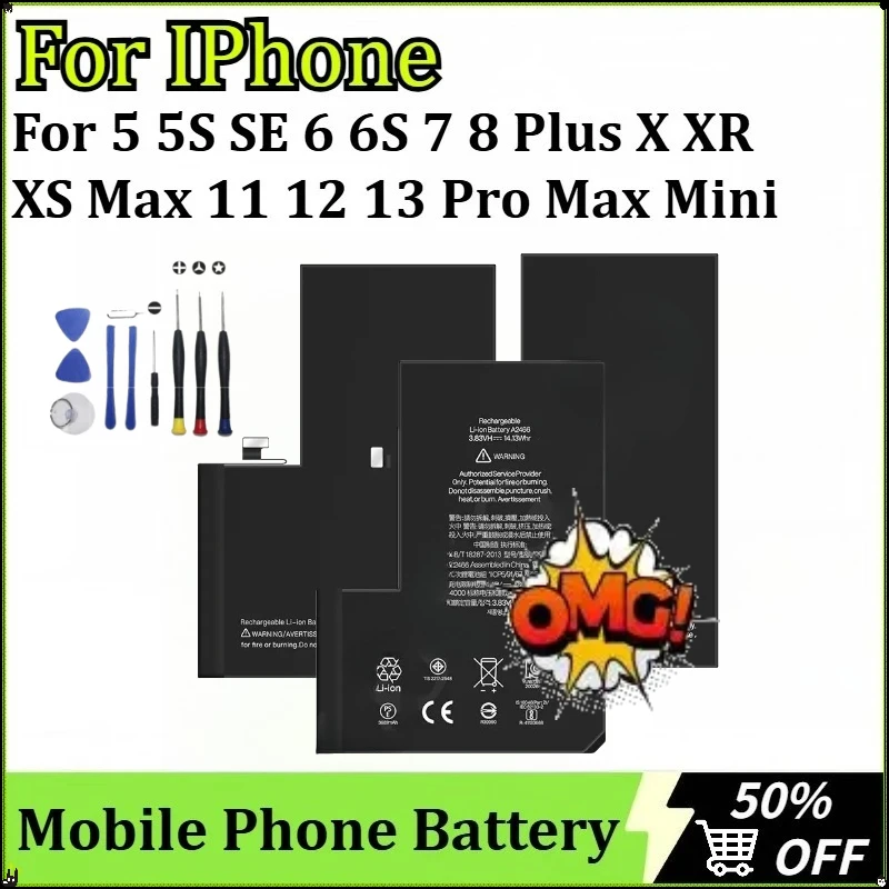 

For IPhone 5 5S SE 6 6S 7 8 Plus X XR XS Max 11 12 13 Pro Max Mini New Cycle Replacement Bateria Mobile Phone Battery + Tools