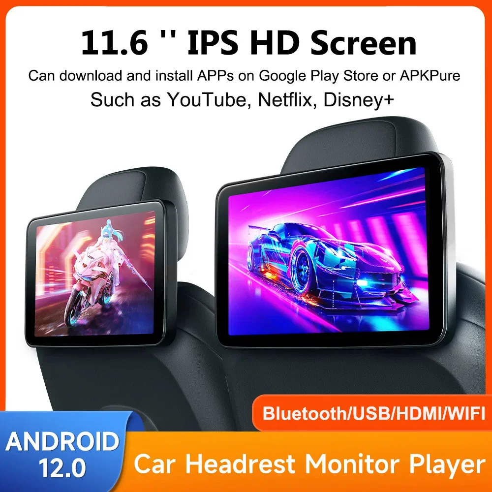 Android 12 Headrest Monitor 11.6''/10.1'' IPS Tablet Touch Screen For Car Rear Seat Player Video Music FM Bluetooth AirPlay HDMI