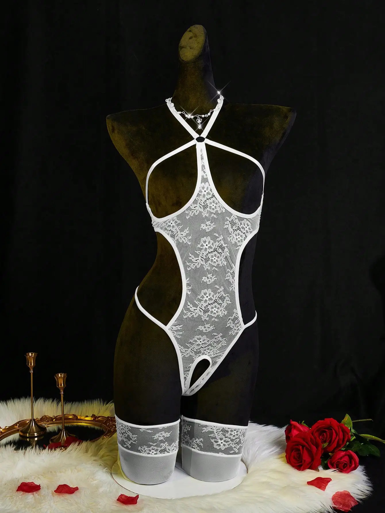 Sexy Women's Lingerie Lace See-Through Erotic Lingerie Hollow-Out Bodysuit