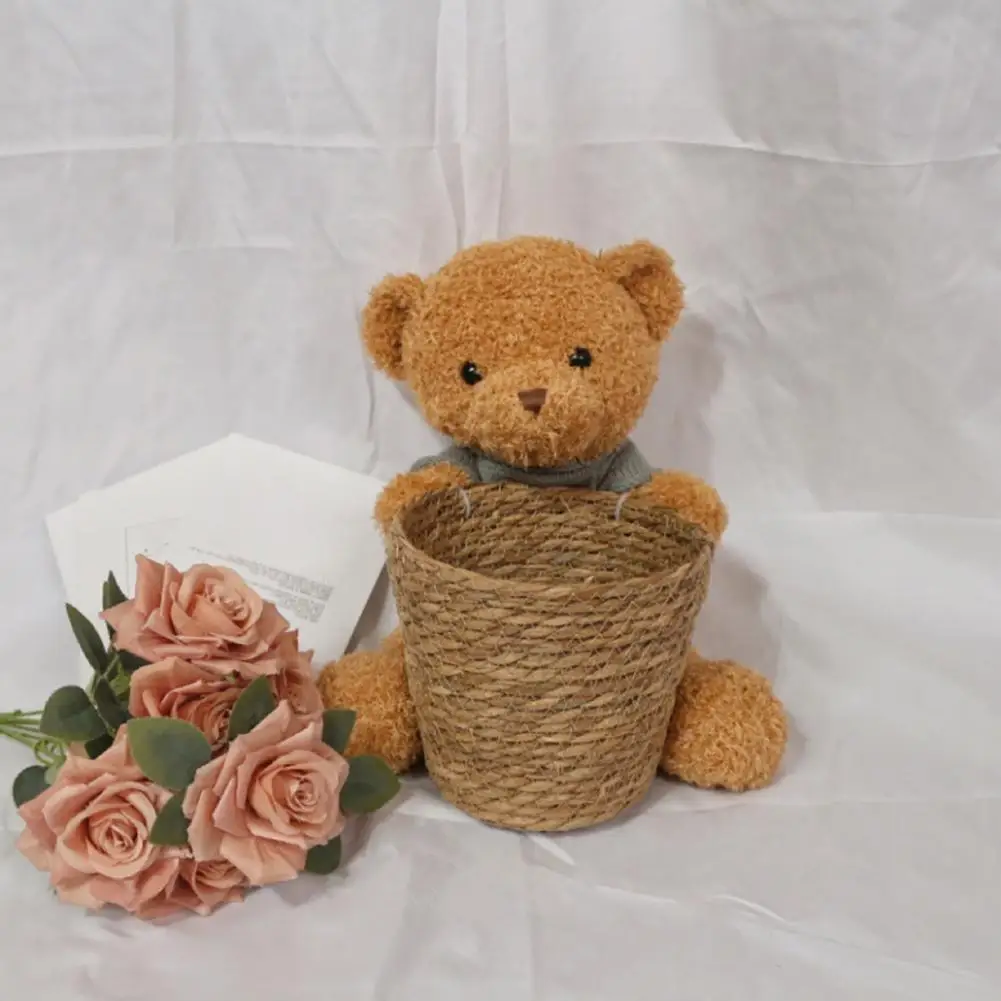 

Durable Rattan Storage Basket Gift for Birthdays Holidays Handmade Rattan Flower Basket with Plush Bear for Mother's Day