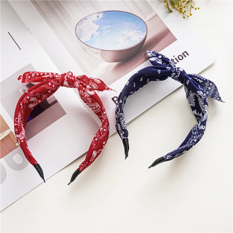 Women Boho Floral Print Headbands Cross Knot Hair Hoop Bow Wide Brimmed Head Hoop Vintage Elegant Headwear Hair Accessories