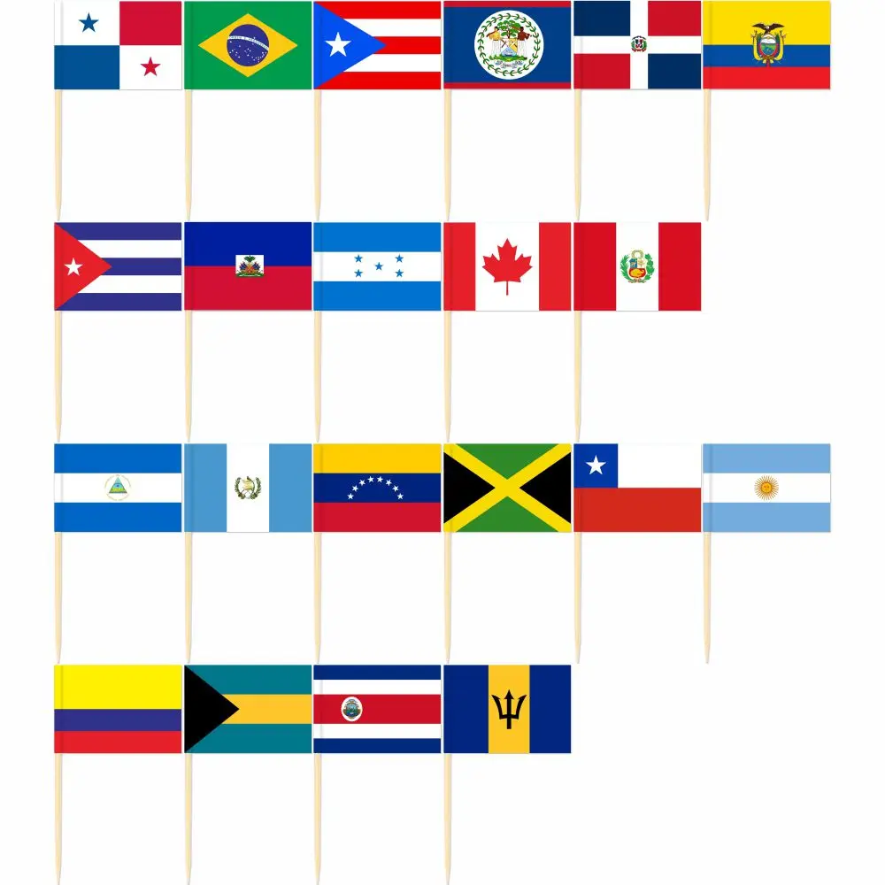 América Bandeiras do palito, Brasil, Cuba, Guyes, Canadá, México, Argentina, Bahamas, Barbados, Peruvian, Chile, Bandeira do Caribe, 100 PCes