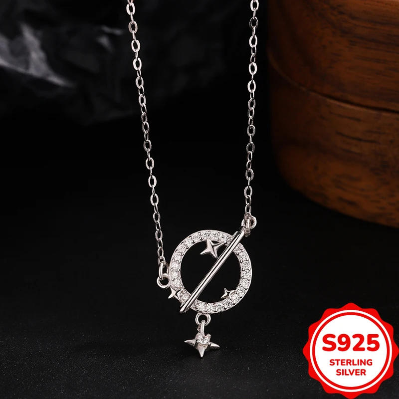 Sweet Temperament Genuine S925 Silver Hollow Planet Star Necklace for Women
