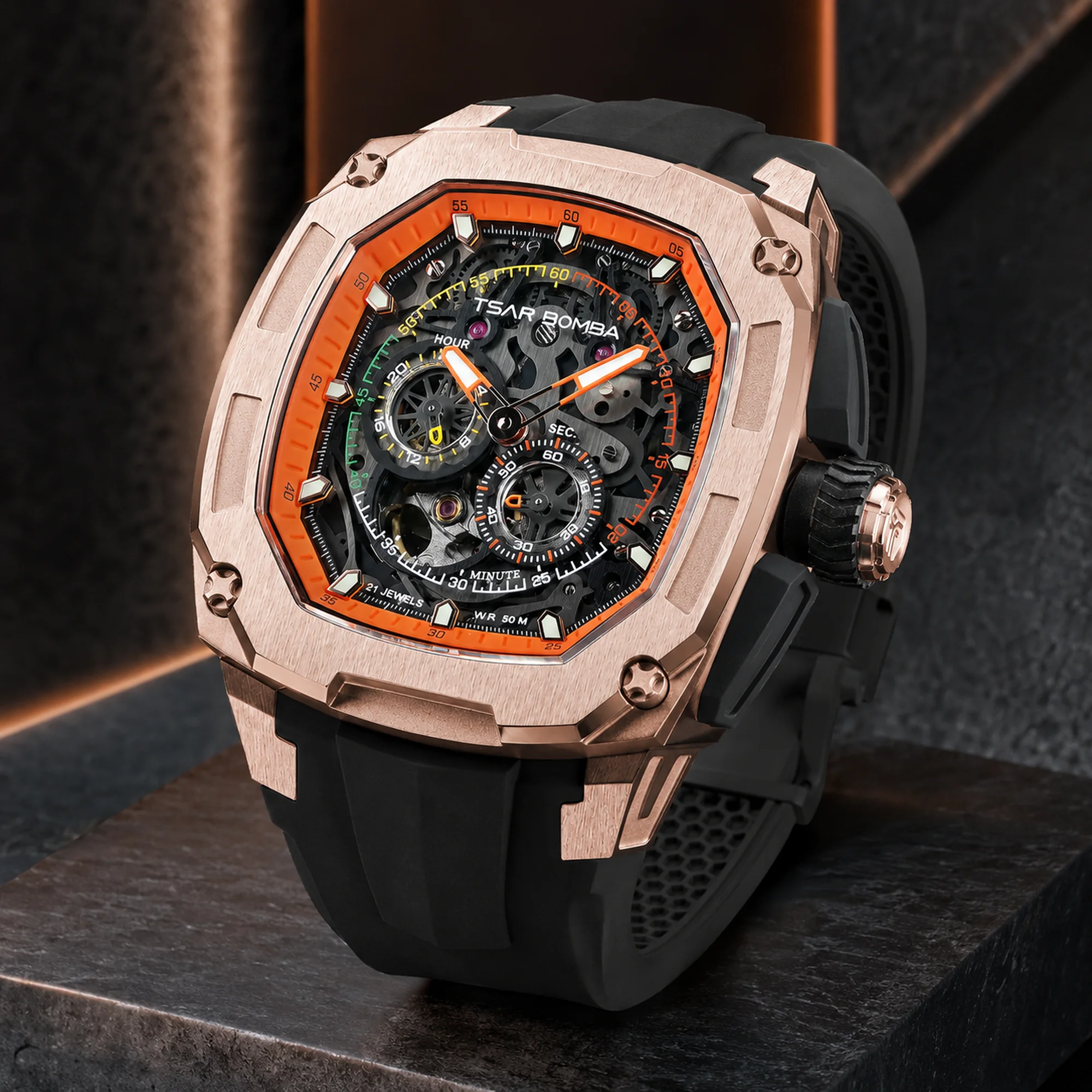TSAR BOMBA Men's Automatic Skeleton Watch, Carbon Fiber, Sapphire Crystal, 5ATM, Luxury Sport Watch Set