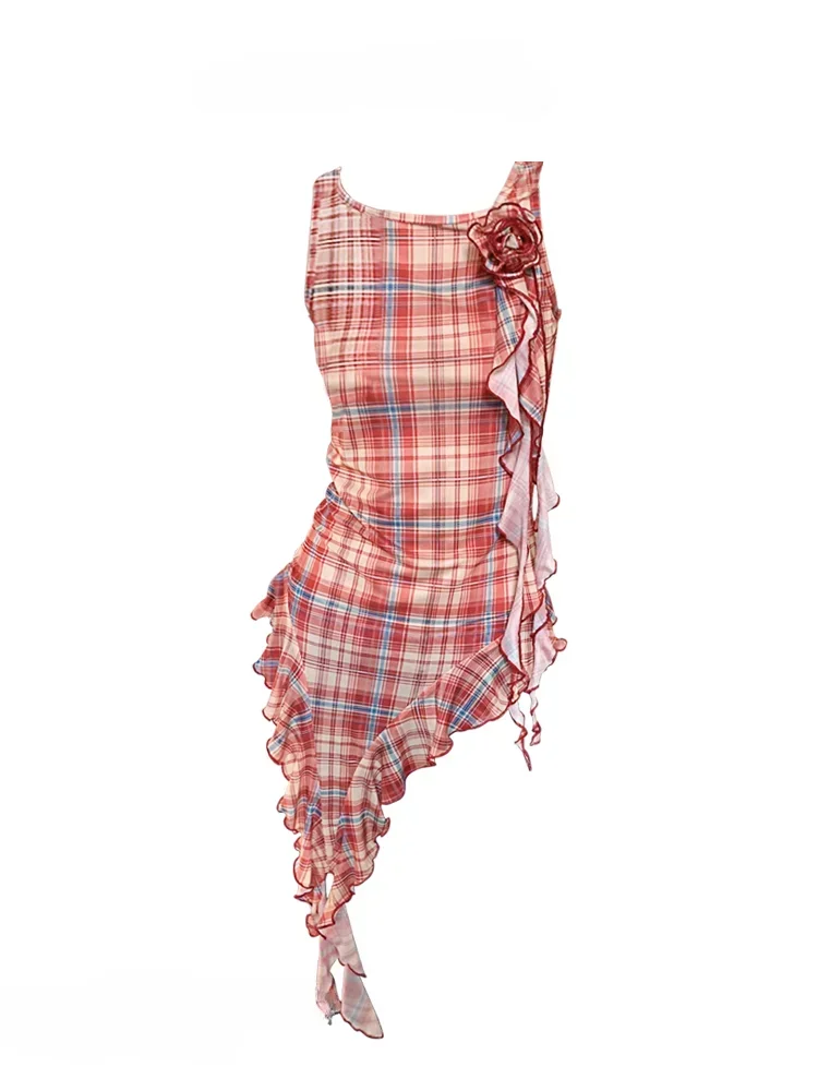 Hot Girl Retro Three-dimensional Rose Irregular Camisole Dresses Women's Summer Sleeveless Fungus Edges Plaid Short Slim Dress