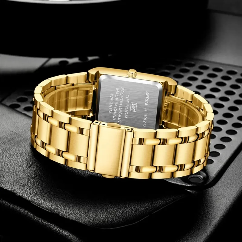 VAVAVOOM Watches for Men Business Luxury Square Black Gold Stainless Steel Quartz Wristwatch Calendar Waterproof Watches for Men