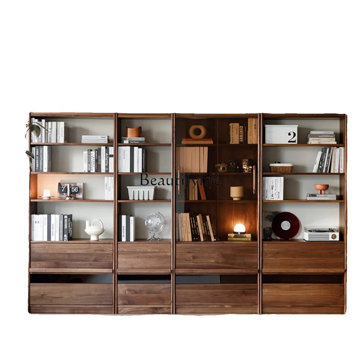 

North American black walnut bookcase, all solid wood Japanese floor-to-ceiling storage display cabinet