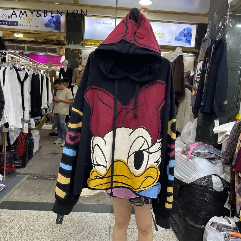 

Kawaii Clothes 2025 Autumn Hoodies Heavy Industry Patchwork Cartoon Hooded Sweatshirt For Women's Loose Casual New Top Pullovers