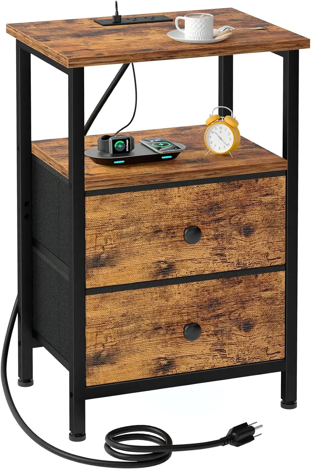 

Night Stand with Charging Station, 2 Drawers, USB Ports & Outlets, Brown, HETS020BR-1