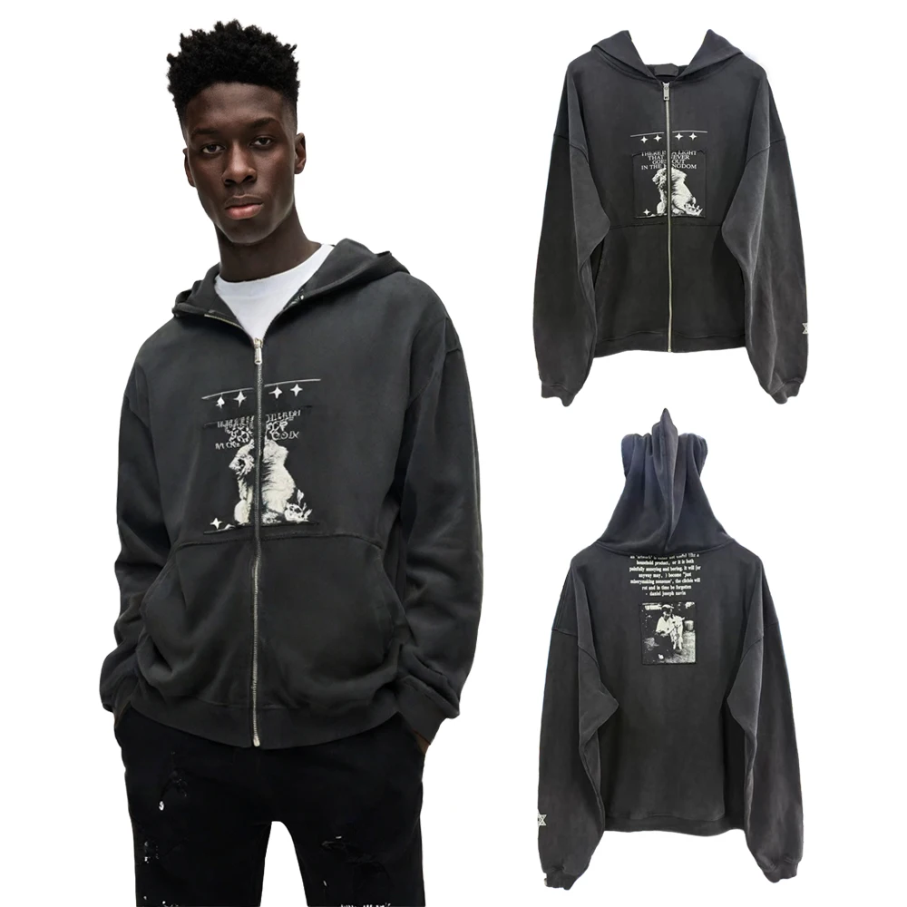 New Y2k Streetwear Oversized Subculture Graphic Zip Up Hoodies Hiphop Street Style Heavy Weight Cotton Distressed Casual Hoodies