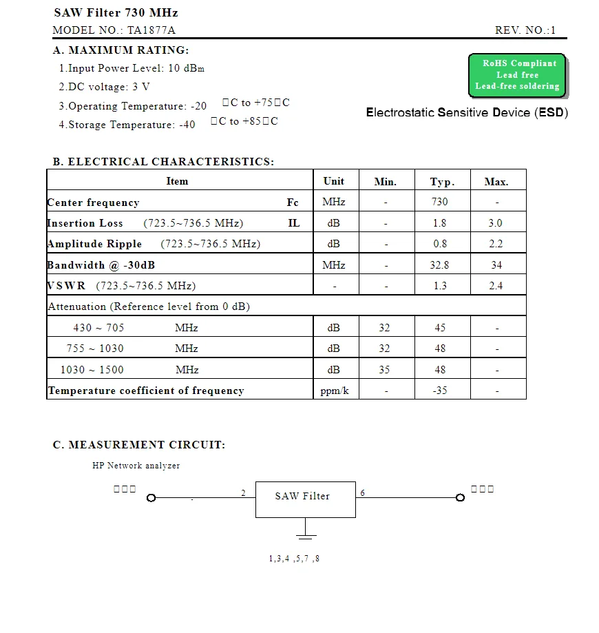 (10PCS) TA1877A 코드 1877 새로운 정품 730MHz 패키지 SMD SAW 필터 재고 있음