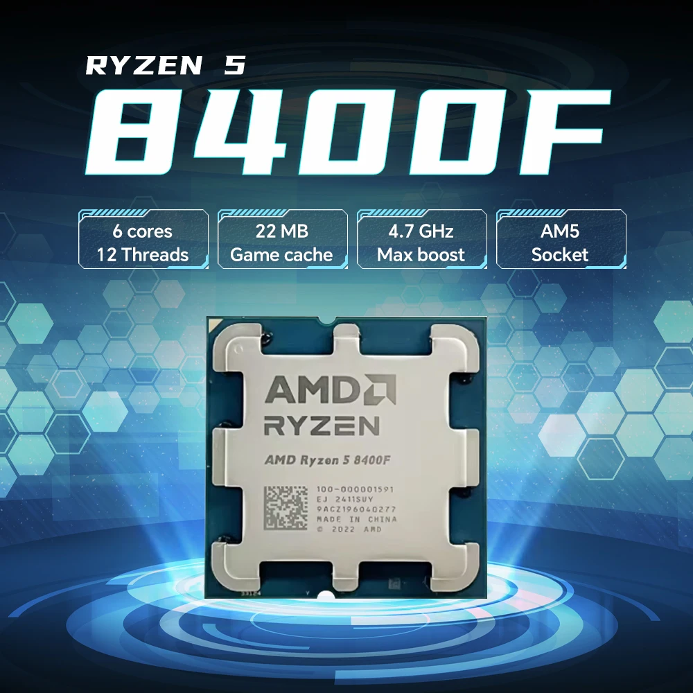 

AMD Ryzen 5 8400F 6-ядерный 12-поточный процессор 4,7 ГГц DDR5 Новый процессор для настольного компьютера с разъемом AM5 R5 8400f PCIe 4,0, но без вентилятора