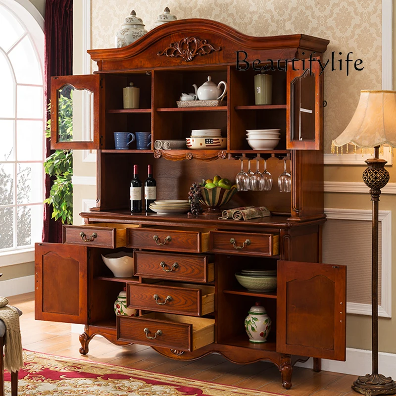 

American all-solid wood dining side cabinet integrated against the wall high kitchen European home storage wine cabinet designer