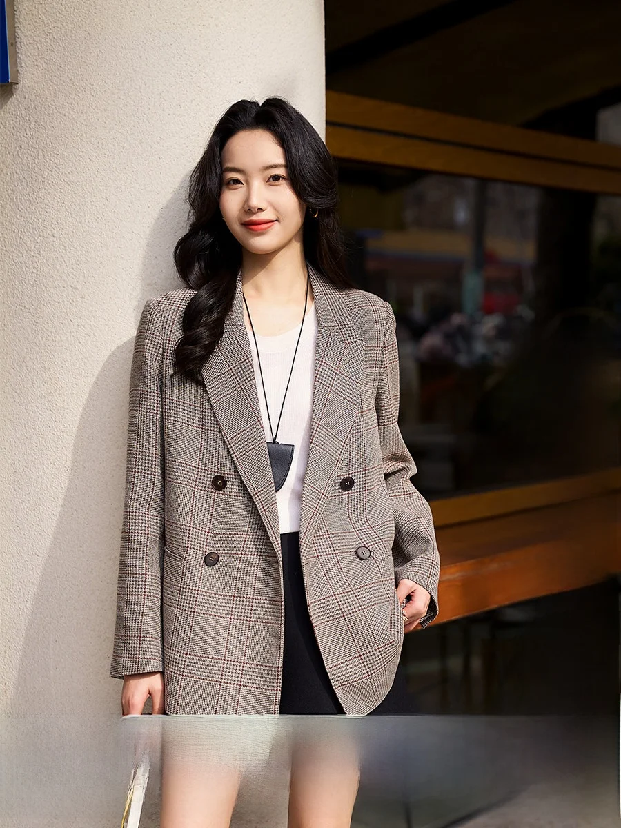 

Xhange Commuter Sle Women's Suit Briti Flair Plaid Double Breasted Vintage Feel Outerwear Long Sve Midi Length