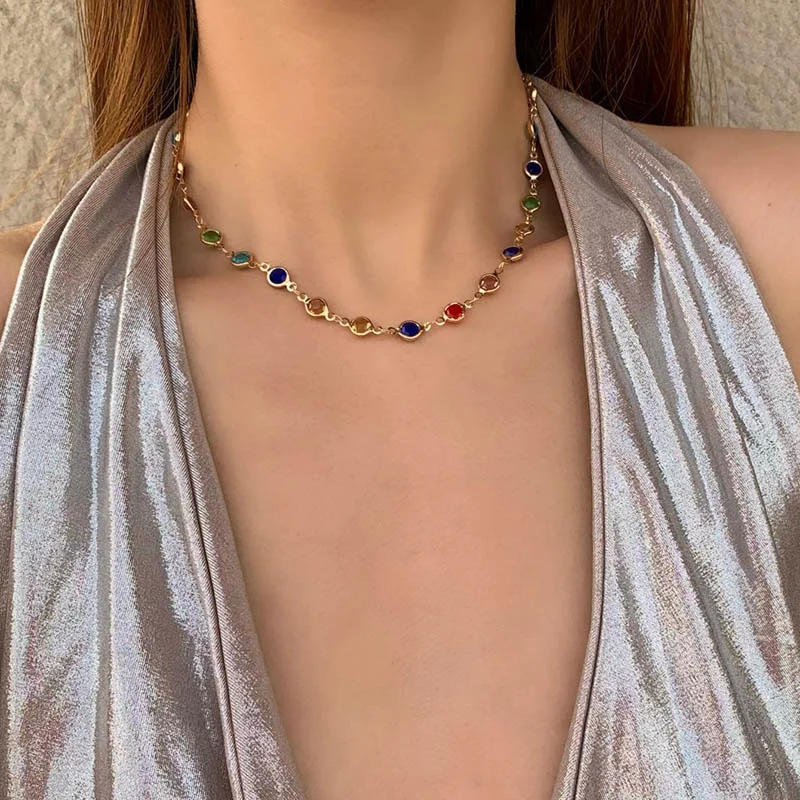 Bohemian Colorful Glass Long Y-Shaped Necklace Metal Collarbone Chain Gold Silver Color Summer Holiday Party Body Jewelry Gifts