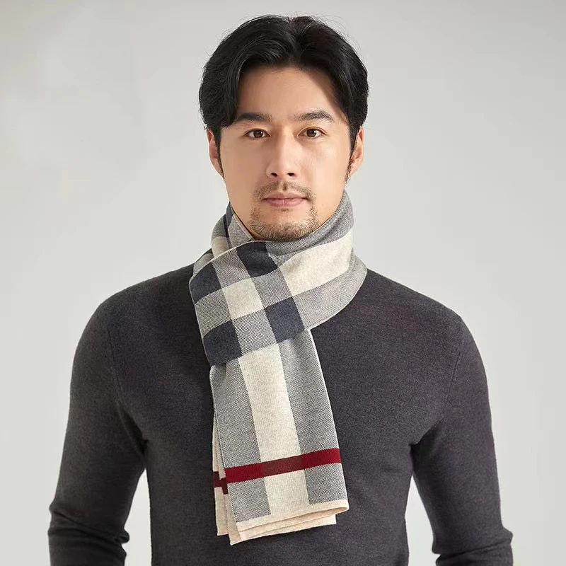 High Quality 100% Pure Wool Scarf Men Winter Autumn Soft Warm Windproof Muffler Gentlemen Fashion Classic Business Shawl Male