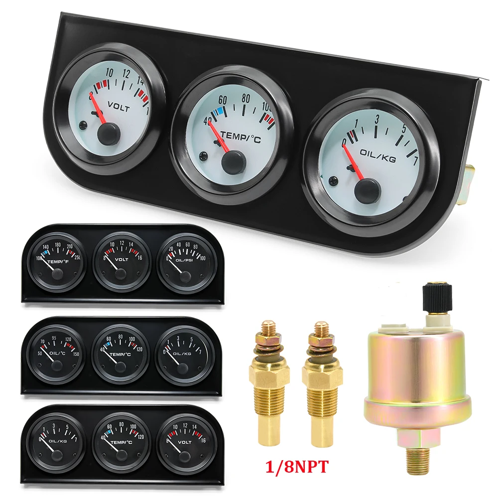 3 in 1 Gauge Kit 52mm Oil Temp Oil Pressure Volt Gauge Set Universal 12V Auto Black&Chrome Bezel Face with Water Oil Temp Sensor