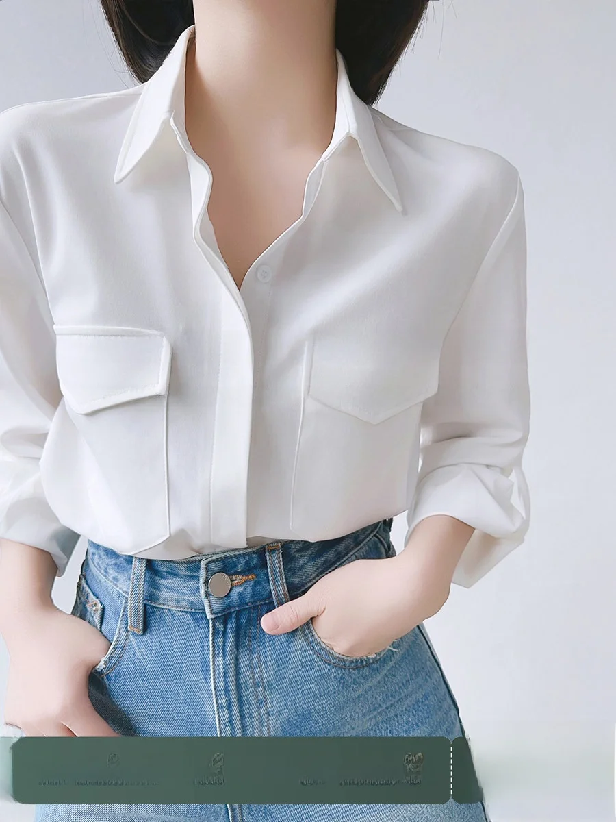 

XALI Elegant White Long Sleeve Women's Casual Shirt Summer Loose Lazy Style Commute Fashion Business Casual Pure Color Button up