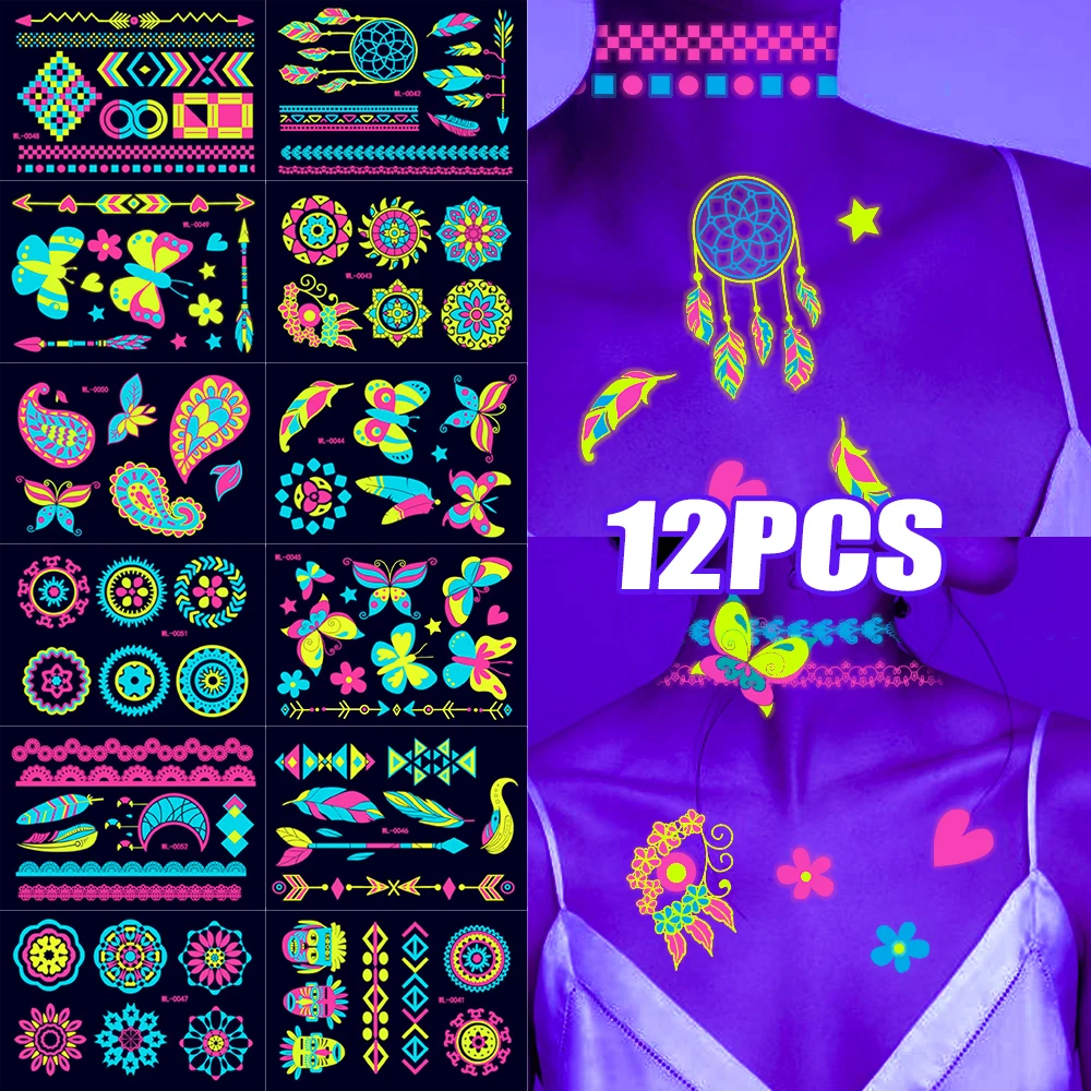 12/24PCS světelné dočasné tetování nálepky UV Neon Fluorescenční záře ve tmě pro tělo tvář tetování nálepky
