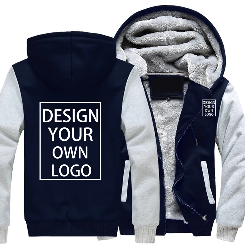 Custom Your Logo Men's Winter Thick Jackets Long Sleeve Zip Up Hoodies Fashion Outdoor Warm Loose Coat Personalized Clothing