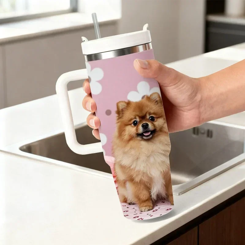 40oz Digital Print Stainless Steel Insulated Tumbler, Adorable Fluffy Brown Pomeranian on Pink Floral Pattern Design, Reusable Cold & Hot Drink Cup for Daily Commute, Office and Outdoor Use