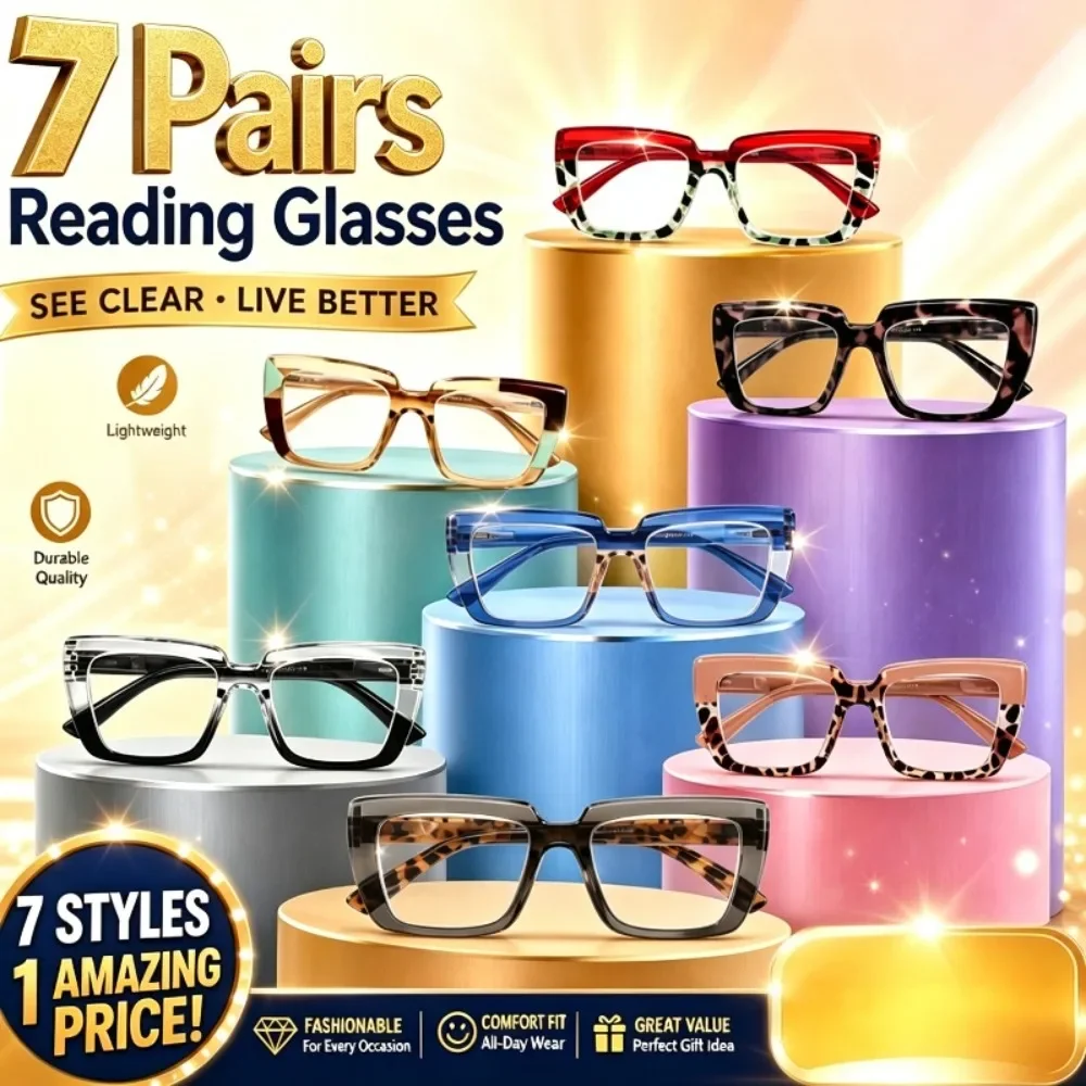 7pcs of Transparent Square Reading Glasses Women Men Stylish Anti Eye Fatigue Scratch Resistant Lens Comfort Fit All Day Wear Presbyopia Eyeglasses
