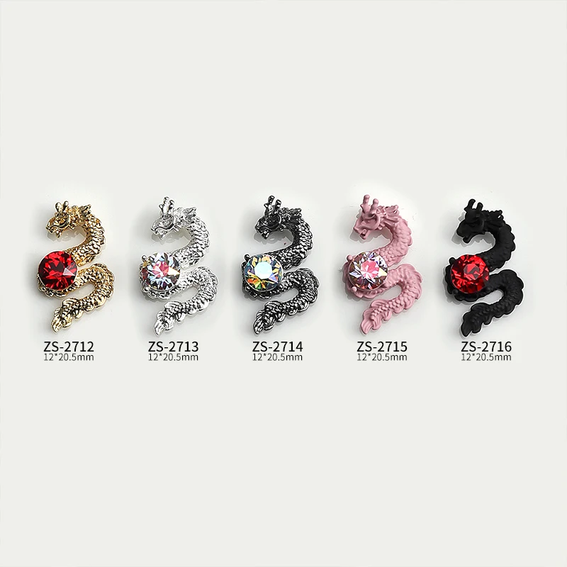 5PCS Chinese New Year Mascots Colorful Diamonds Vivid Dragon Alloy Nail Art Rhinestones Decorations Manicure New Year Charms