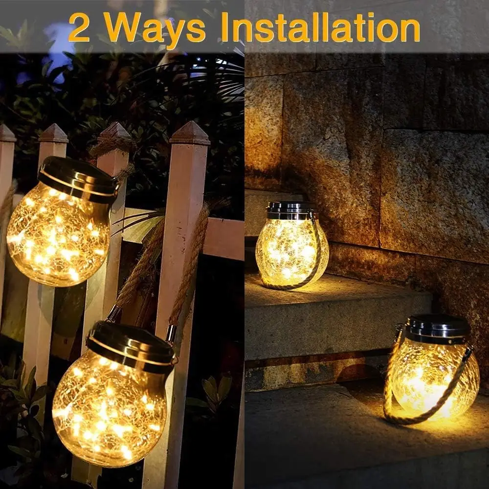 Solar Garden Lights - 30 LED Solar Mason Jar Lid Lights, Outdoor Solar Hanging Lanterns with Handle Great Outdoor Lawn Décor for