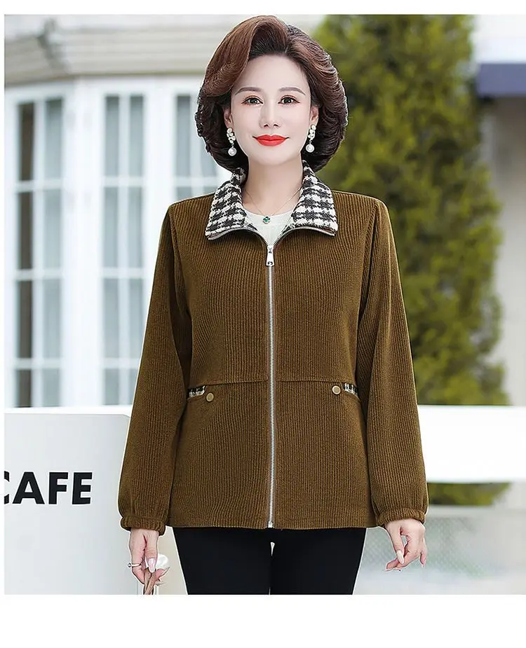 Fashion High-end Mother Spring And Autumn Plaid Stitching Corduroy Jacket Women's Western Style Age-reducing Loose Casual Jacket