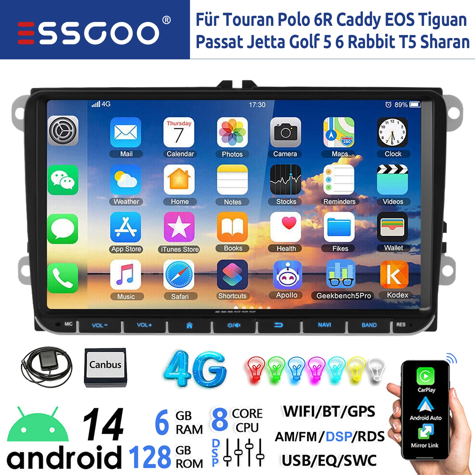 ESSGOO 9" 8-Core Android 14 6+128G Autoradio per VW GOLF 5 6 Touran Caddy Passat Polo 6R Tiguan Jetta EOS Wireless Carplay Android Auto Navigatore GPS Bluetooth WIFI AM FM RDS DSP 4G LTE Touchscreen
