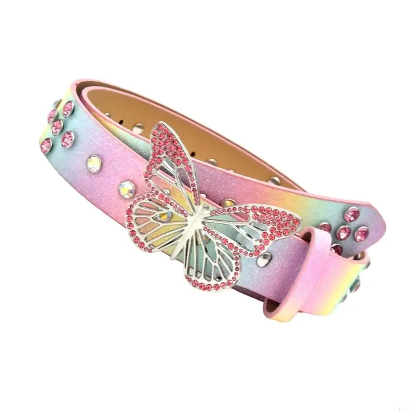 

L5YC Glittering Rhinestones Butterfly Belt Adjustable PU Waist Strap for Teens Girl