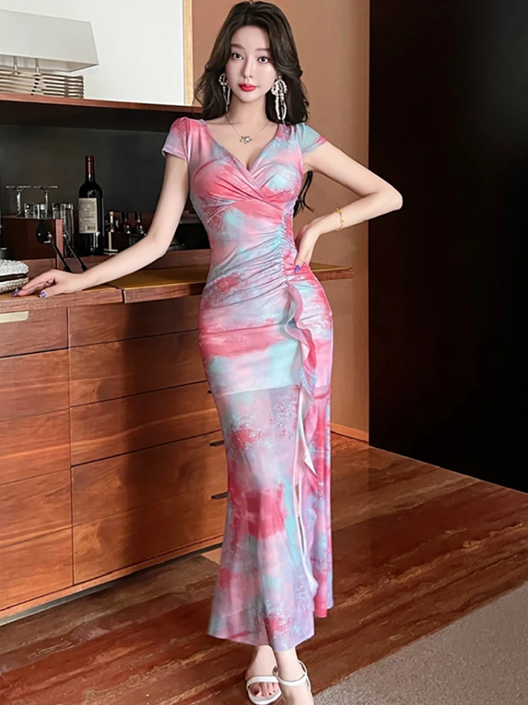 المرأة بوهو طباعة شبكة قصيرة الأكمام الخامس الرقبة مثير فستان طويل الصيف أنيقة شيك فستان مكشكش 2025 الكورية Bodycon مهرجان فساتين