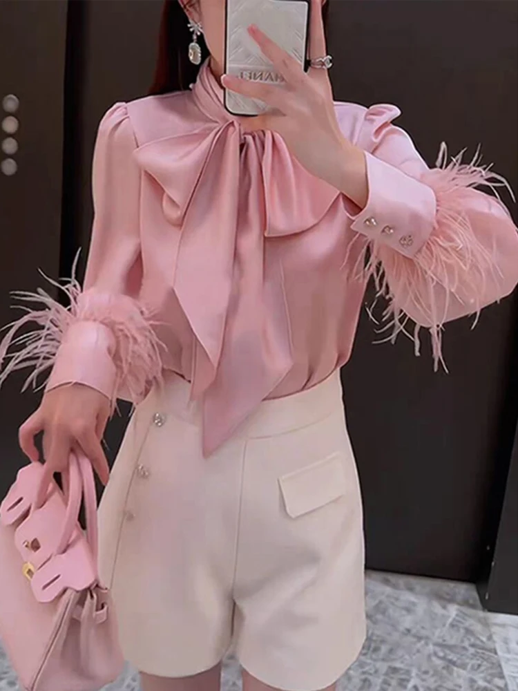 Elegant Blouses For Women Bow Collar Feather Designer Loose Shirts Fashion Long Sleeve Female Clothing Tops 2025 New