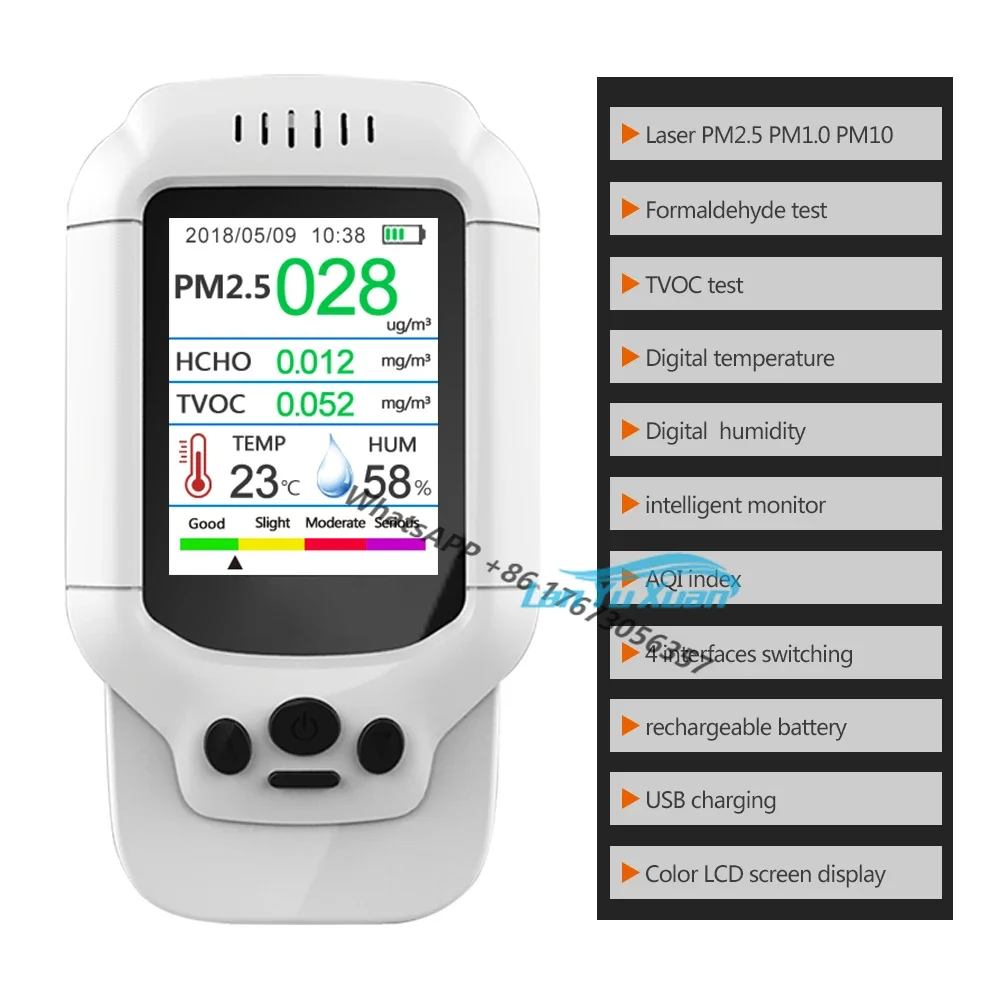 

PM2.5 Air Detector Gas PM1.0 PM10 HCHO TVOC AQI Tester LCD Color Screen Portable Formaldehyde Analyzer