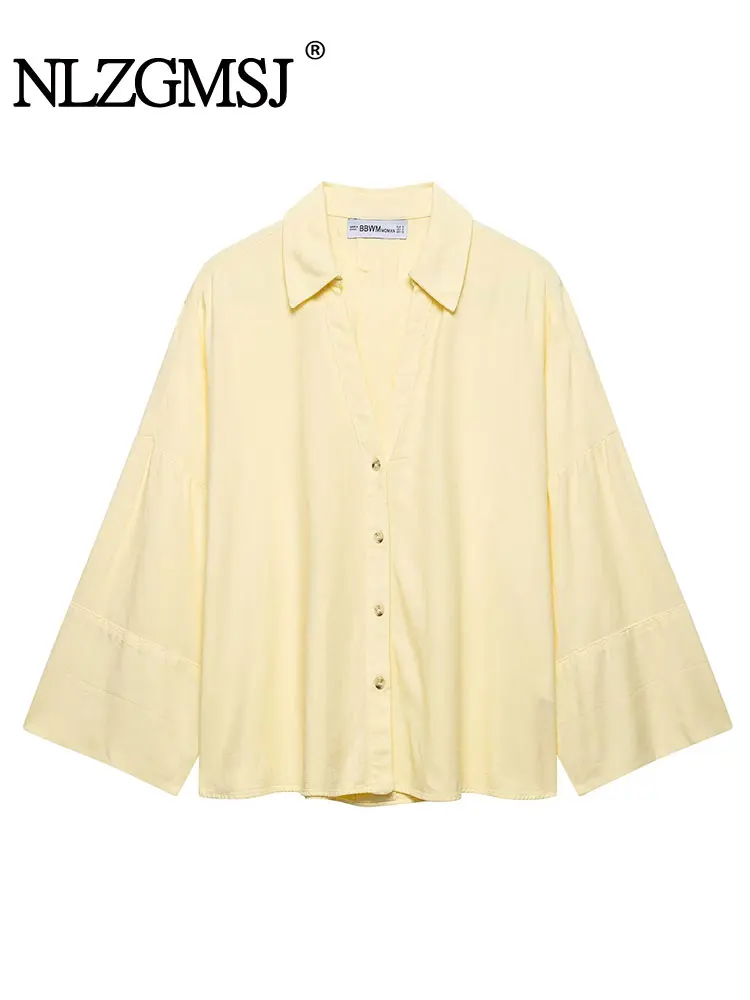 

Лето 2025 г., повседневная шикарная женская блузка с длинным рукавом и v-образным вырезом, однобортная свободная блузка, новые модные рубашки