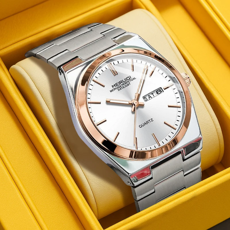 A handsome men's rose white sports style watch with a Sunday calendar bar, nail scale, quartz watch