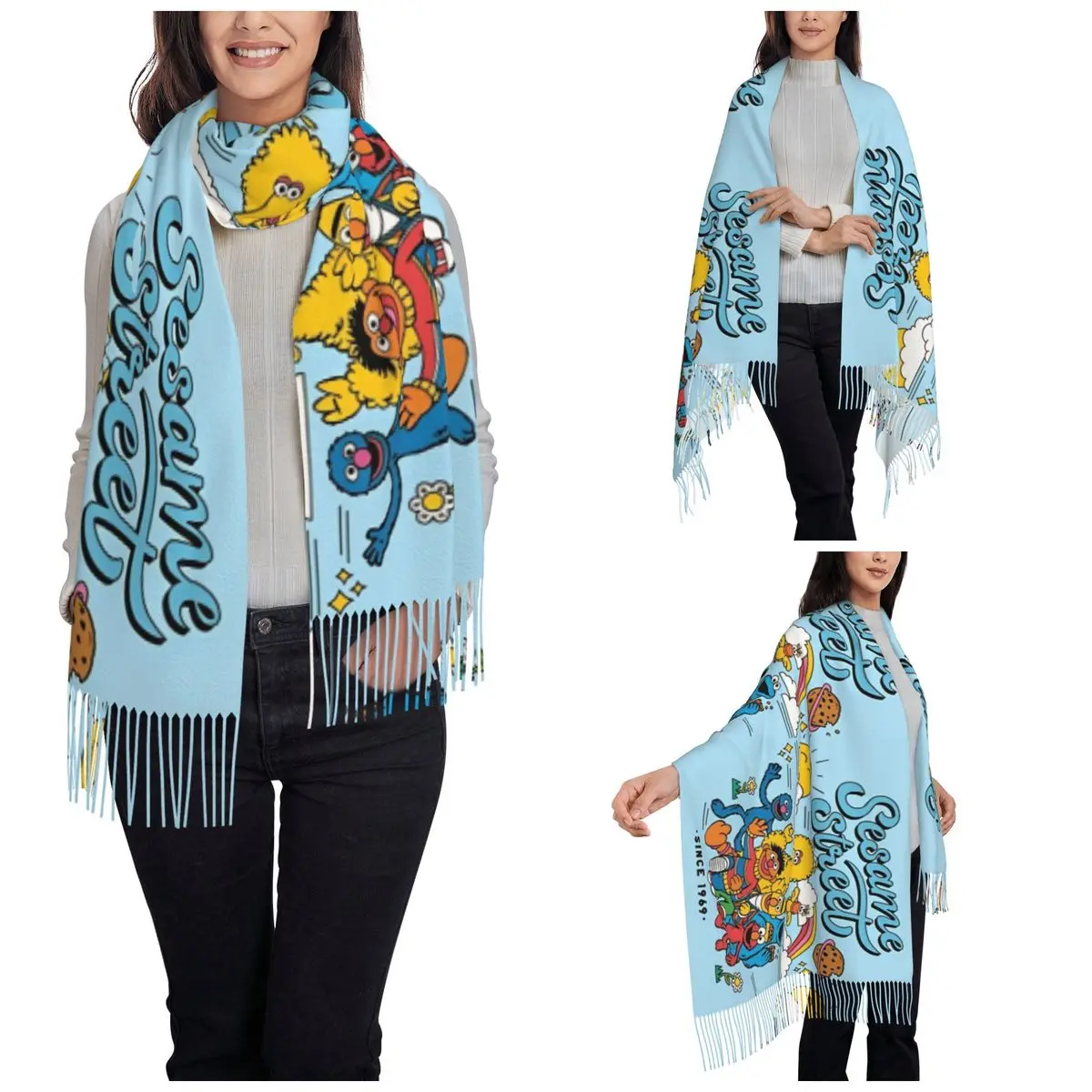 Women's Tassel Scarf Sesame Streets Cookie Monster Long Winter Fall Shawl and Wrap Cartoon Cute Daily Wear Cashmere Scarf