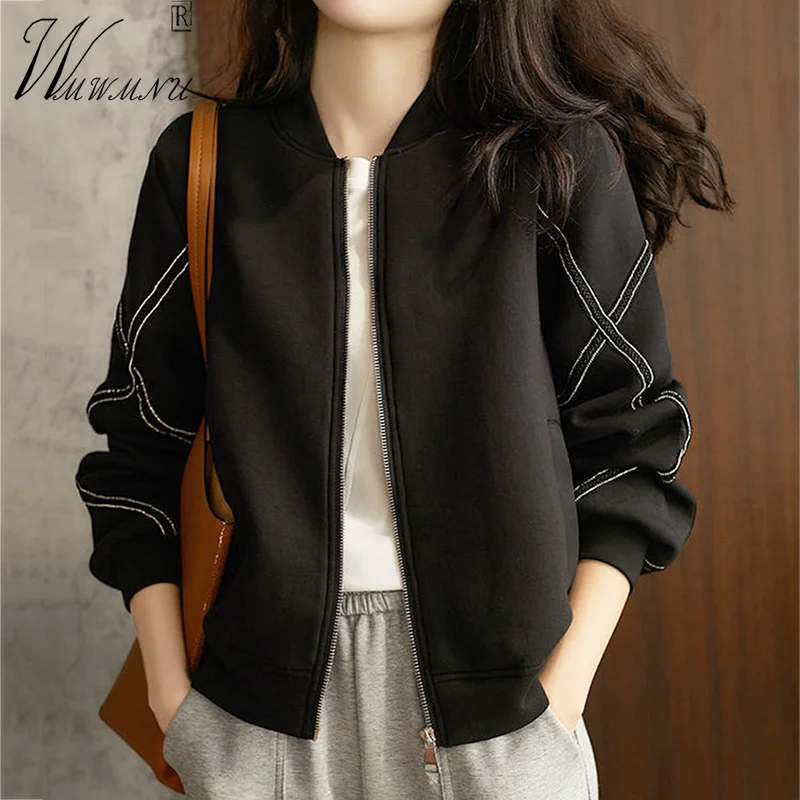 Chaqueta Bomber informal para mujer, abrigo recortado de béisbol, manga larga, moda coreana, talla grande, color negro, primavera y otoño, 2023