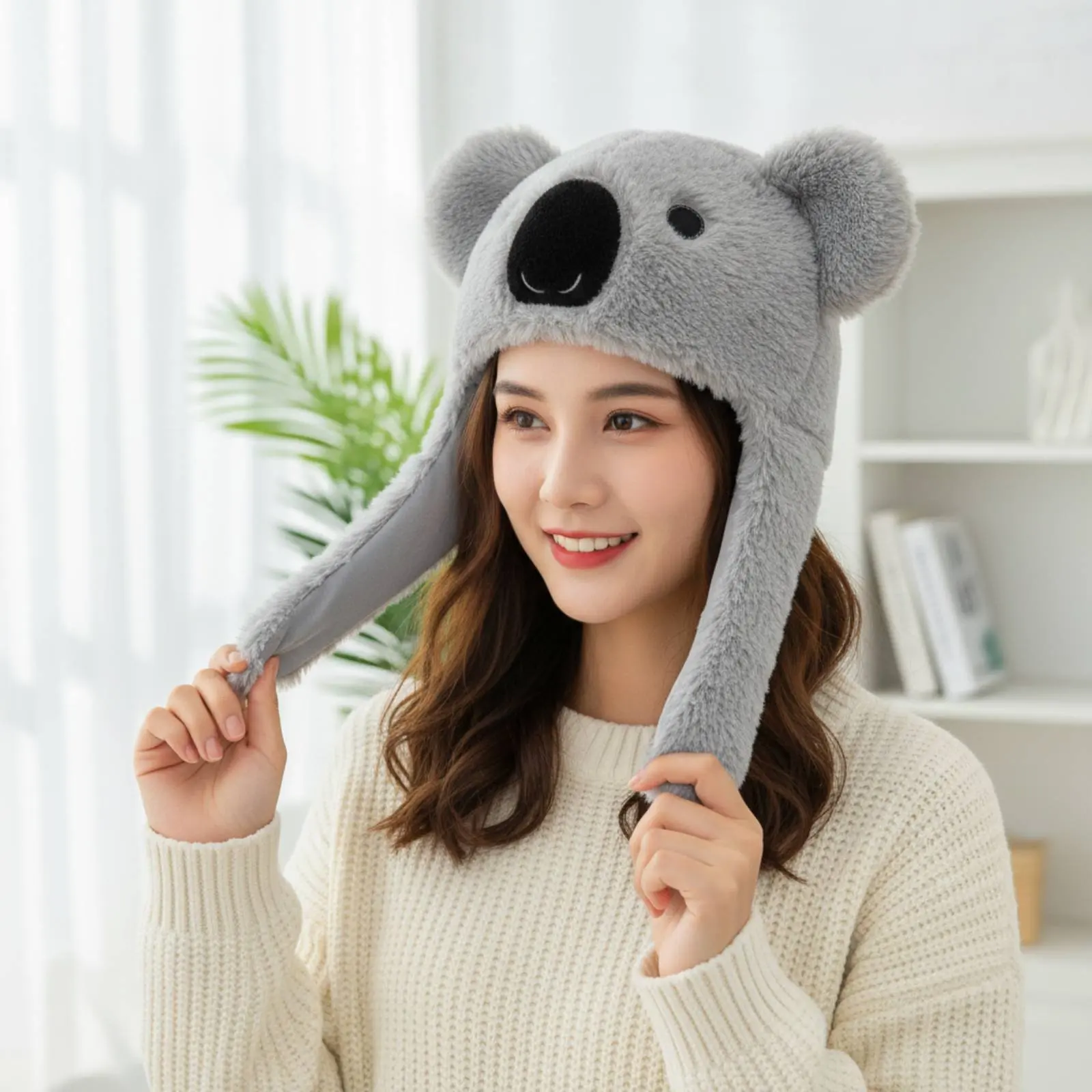 Fuzzy Koala Earflap Hat Warm Koala Fuzzy Hat Soft Creature Character Cap Windproof Winter Headwear Photo Prop for Women, Outdoor