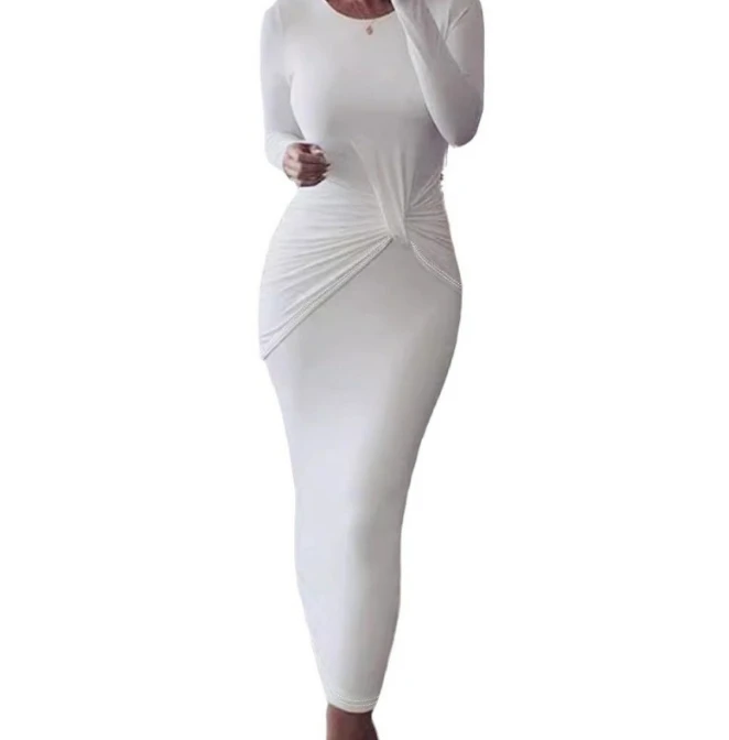 White Waist Twisted Design Slim Fit Long Sleeved Tight Sexy Long Dress for Women's Summer Wear New Casual Round Neck Dress