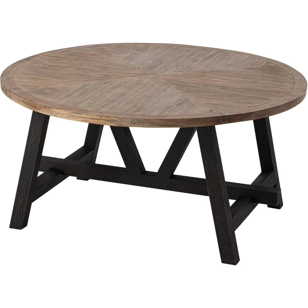 A modern circular rustic farmhouse coffee table with a geometric base, suitable for families, dining rooms, or living rooms