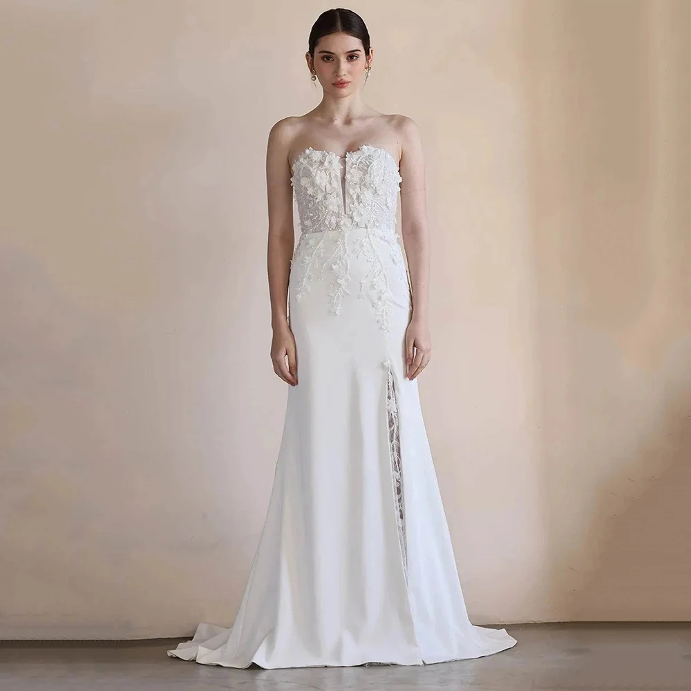 

Customized Strapless Appliques Simple Jersey Evening Dress Sleeveless Mermaid Sweep Train Party Dress Floor Length Prom Gown