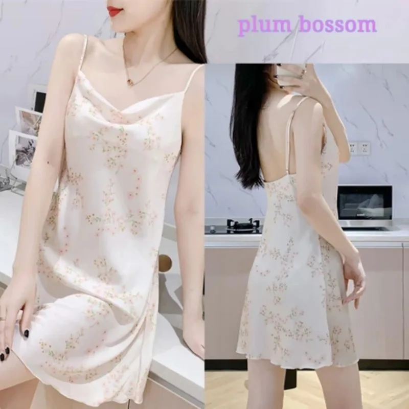 

Summer Ice Silk Strapless Women's Sleep Dress with Chest Pad Sexy Neck Swinging Home Clothes Nightgown Glue Viscose Material