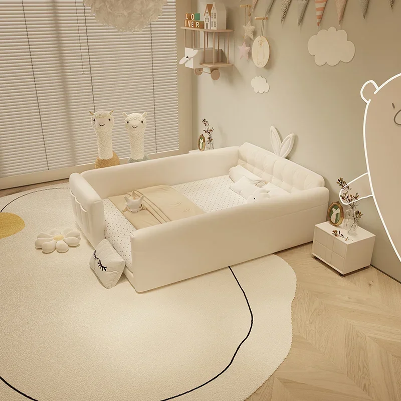 JJDesign Soft Girls Double Bed Modern Luxury Leather Floor White Children Beds Frame Queen Letto Bambini Furnitures For Bedroom