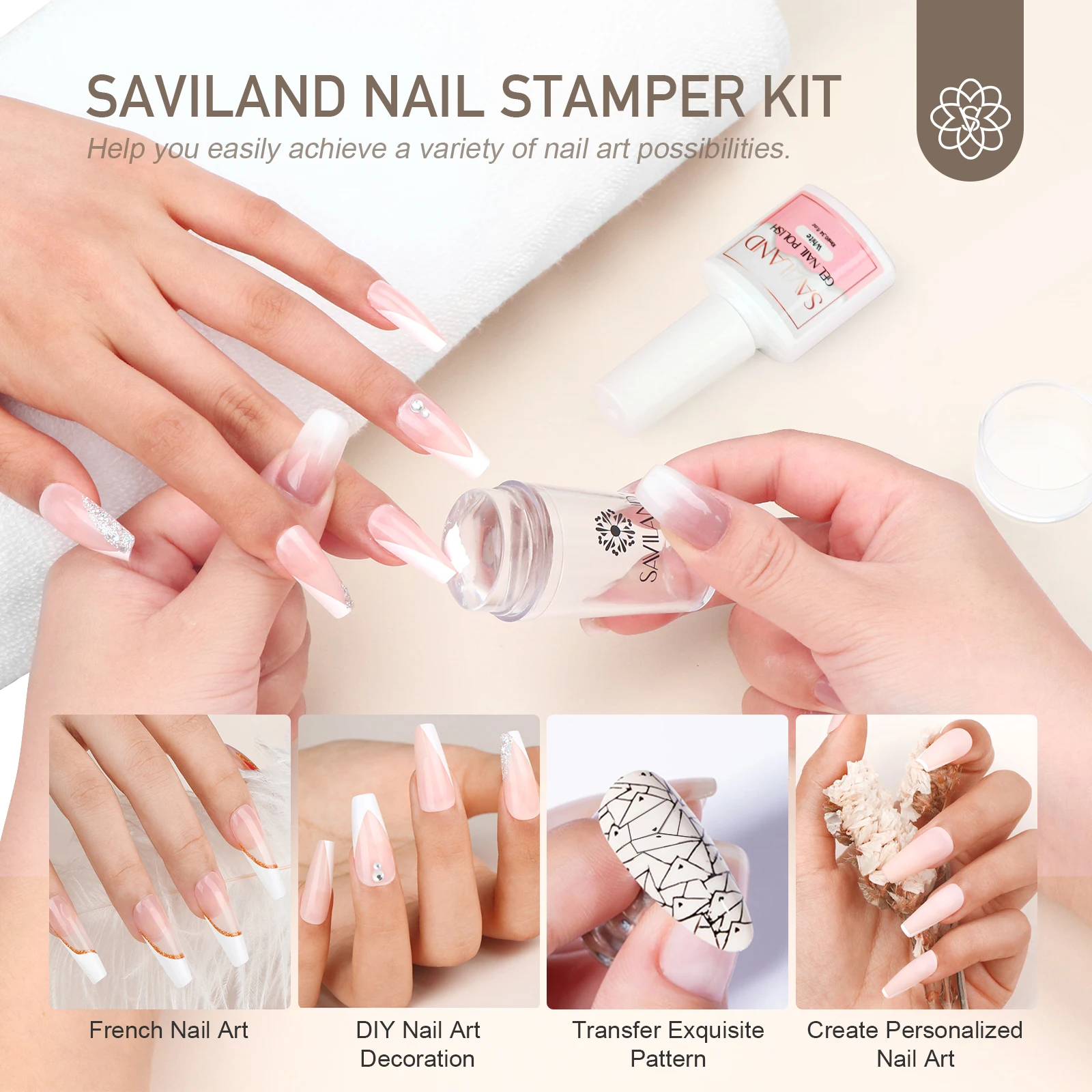 Saviland French Tip Nail Stamp with French Gel Nail Polish Set Jelly Silicone Nail Stamper and Scraper Nail Art Stamper Kit