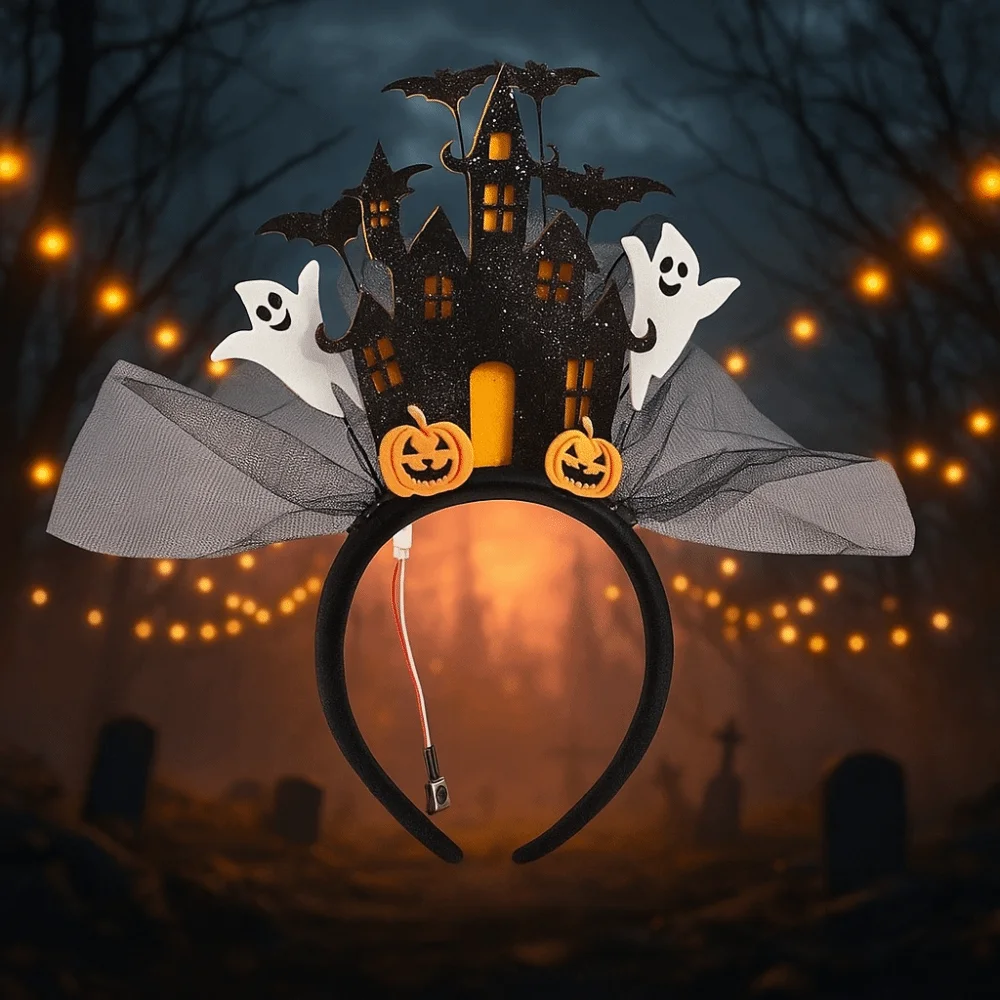 

Gothic White Ghost Halloween Headband Castle Electronic Halloween Hair Hoop Colorful Pumpkin Ghost Hairband Photography Props