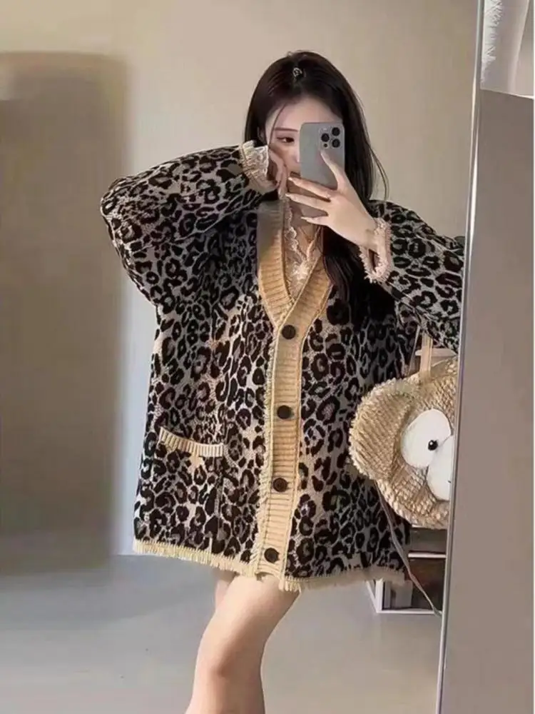 

Осень-зима женский коричневый серый леопардовый кардиган с v-образным вырезом свитер корейский повседневный однобортный свободный пуловер трикотажные модные топы