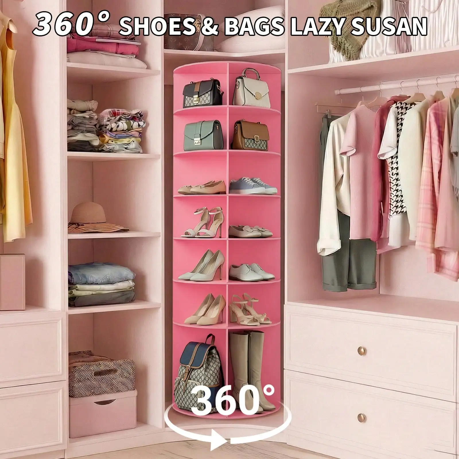 7-Tier, 360 ° Rotating Wood-Plastic Composite Shoe Rack, 60*60*184cm, Pink