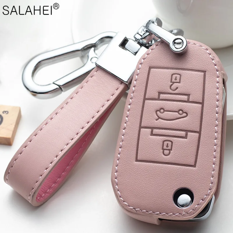Leather Car Key Case Cover Protection Shell For Peugeot 308 408 508 3008 2008 208 301 308 206 207 307 Alloy Keychain Accessories